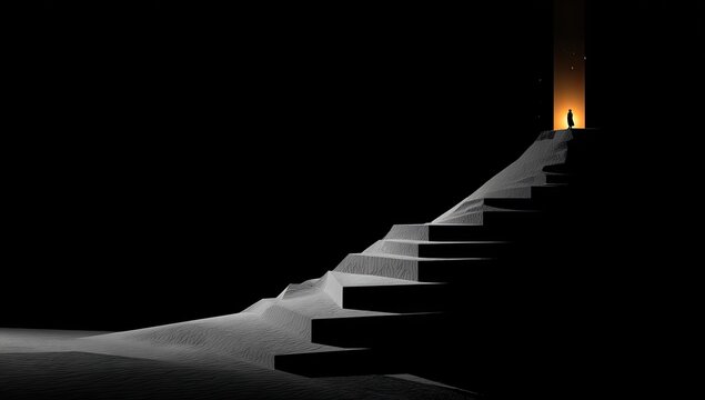 A lone figure ascends a dark, sand-covered stairway towards a distant, warmly lit doorway in an otherwise pitch-black environment