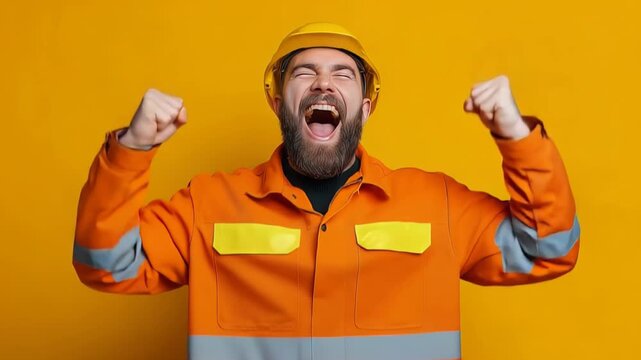 A joyful bearded construction worker in an orange safety uniform and yellow hard hat celebrates success against a bright yellow background. This image conveys achievement, job satisfaction and pride 