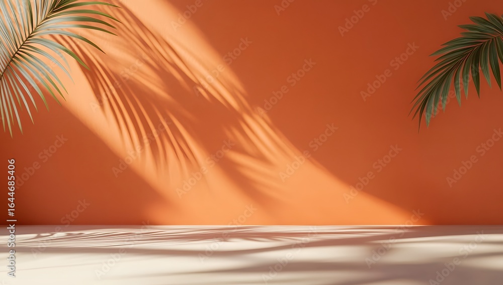 Poster 3d render, abstract background with an orange wall and the shadow of palm leaves on an empty table f