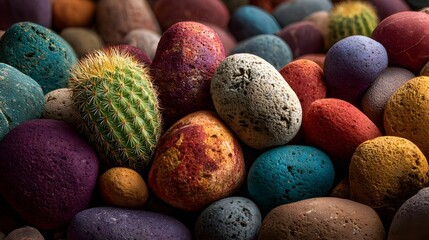 Colorful rocks and cactus texture background nature stone garden design art