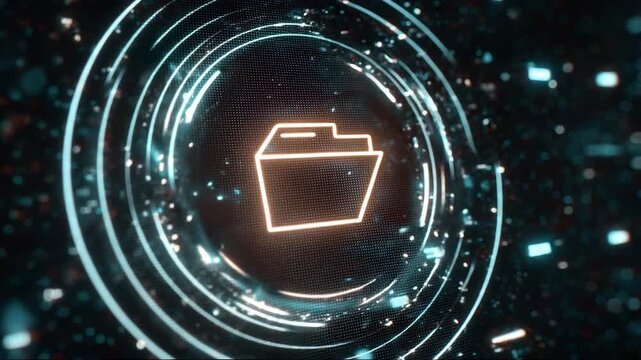Digital folder icon in futuristic circular design with glow effects, representing office workflow and file transfer concept  