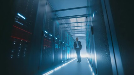 A confident businessman walks through a high-tech server room, symbolizing data security, IT infrastructure, and innovation. The environment reflects cutting-edge technology and corporate professional
