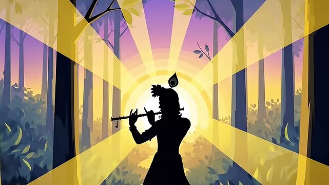 krishna playing flute divine forest light silhouette