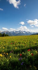 Alpine meadow bursting with wildflowers under a bright azure sky and distant snow-capped peaks