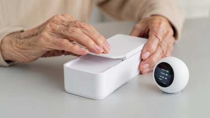 Fototapeta premium Elderly person using a modern blood pressure monitor at home