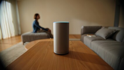 Smart speaker in a modern living room with a person in the background