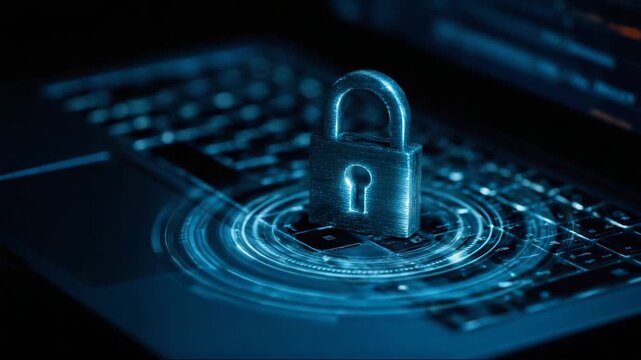 Digital padlock on laptop keyboard with glowing data protection graphic, representing the concepts of information security, encrypted security interface 