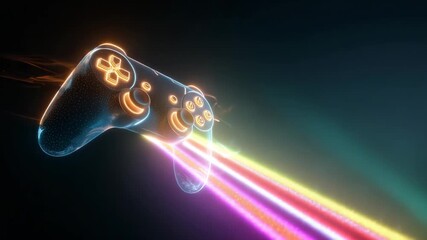A glowing game controller streams multicolor light trails across a dark background, symbolizing gaming technology, speed, and entertainment. The abstract neon design communicates esports energy - Powered by Adobe