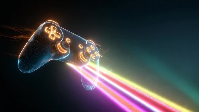 A glowing game controller streams multicolor light trails across a dark background, symbolizing gaming technology, speed, and entertainment. The abstract neon design communicates esports energy