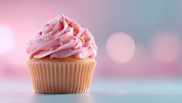 A single pink frosted cupcake, adorned with colorful sprinkles, sits on a pale surface against a blurred pastel background of pink and blue bokeh lights