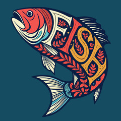  Fishing T-Shirt Design with Fish Icon and Logo – Vintage Angler Graphic, Outdoor Sport Print, Retro Fishing Emblem for Apparel, Merchandise, Branding, or Badges