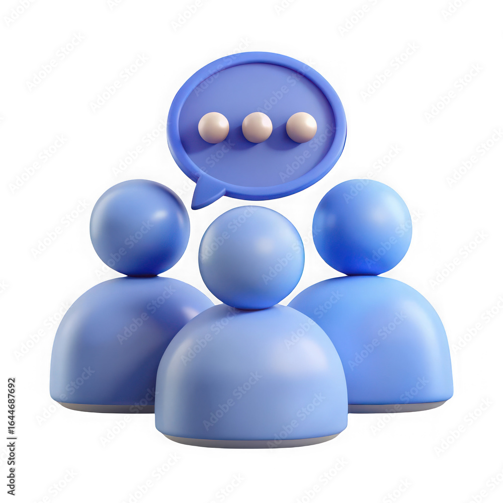 Poster three blue figures in conversation with a speech bubble communication discussion isolated on a trans