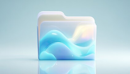 A pastel blue and white folder icon with a wave-like, liquid texture, reflecting on a light blue surface