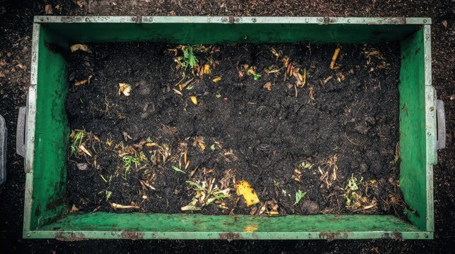 Green compost bin filled with decomposing organic matter.
