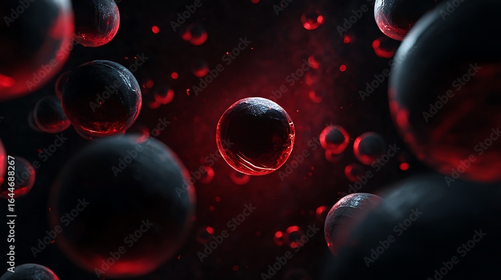 Poster abstract dark background with glowing red spheres, creating a futuristic and technological atmospher