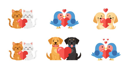 Cute Cartoon Animal Pairs Holding Hearts Cat, Dog, and Bird Love Illustrations