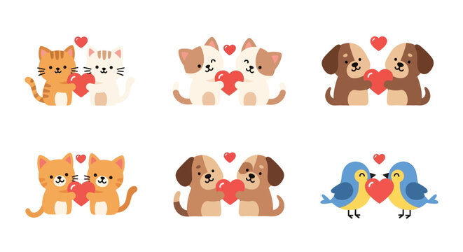Collection of cute cartoon animal couples for Valentine's Day. Vector set of adorable cats, dogs, and birds in love holding a red heart.