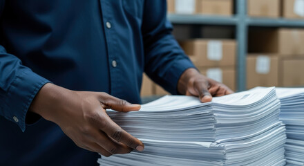 Employee organizing large stack of documents in storage room, hands arranging paperwork for office archiving and efficient record management in warehouse archive