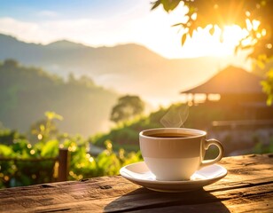 A steaming cup of coffee rests on a wooden table overlooking a sunlit mountain vista