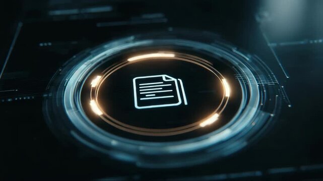 Digital document icon with futuristic interface design in blue, representing office workflow and file transfer concept