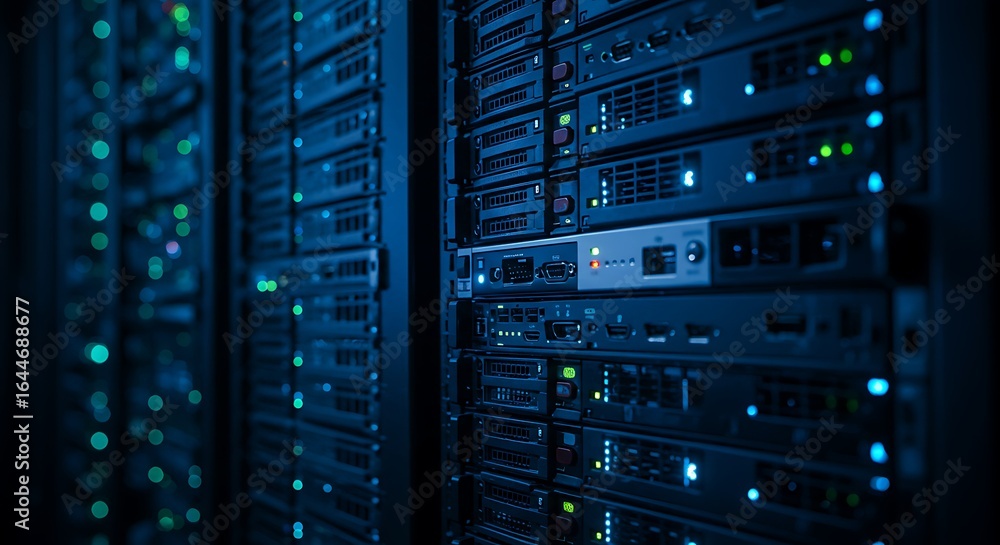 Poster rows of illuminated server racks in a dark data center with blue lights glowing