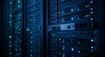 Rows of illuminated server racks in a dark data center with blue lights glowing