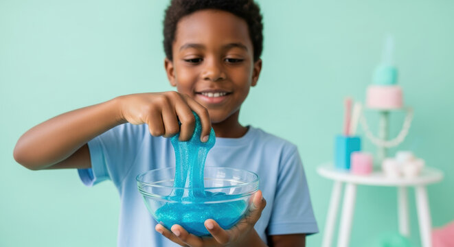 Smiling african american boy playing with sparkly blue slime at home, enjoying sensory activity and creativity, learning through hands on experimentation and tactile fun - Powered by Adobe