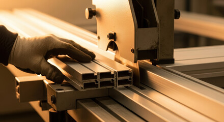 Factory worker in protective gloves operating industrial metal cutting machine to precisely slice aluminum extrusion profiles on workbench during manufacturing process