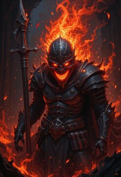 A fierce armored figure with fiery features and a menacing smile, wielding a spear, surrounded by flames, exuding an aura of dark fantasy.