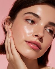 Closeup of a young woman using illuminating primer smooth radiant skin natural beauty look soft lighting isolated on a pastel background premium cosmetic photography