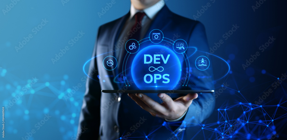 Poster businessman holding tablet with dev ops development operations icons on screen