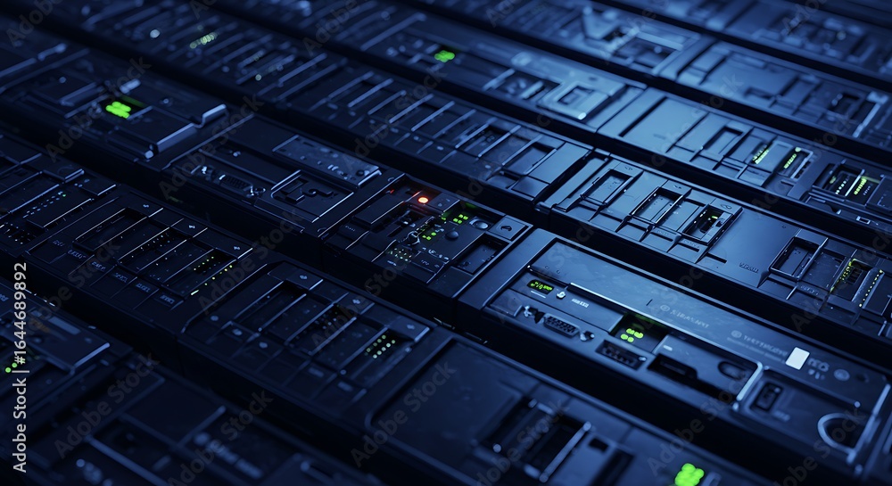 Poster rows of illuminated server racks in a dark data center with glowing green indicator lights