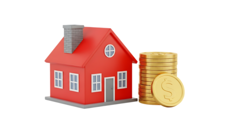 Red house and gold coins isolated on a transparent background