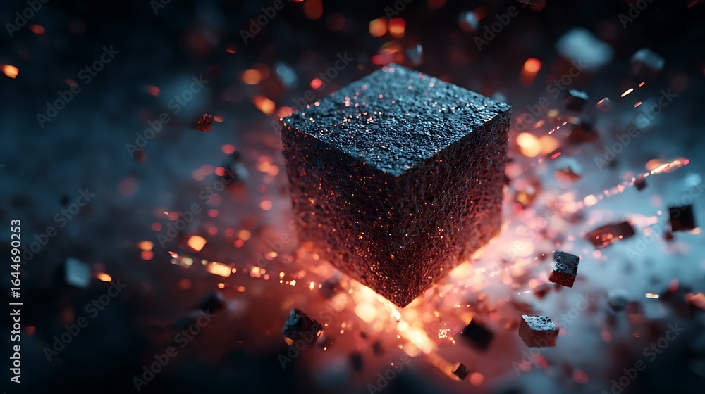 Poster abstract explosion of a dark metallic cube with particles and sparks, creating a dynamic and powerfu
