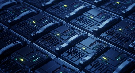 Rows of illuminated server racks in a dark data center with glowing green lights