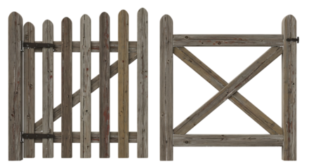 Rustic wooden gate with metal hinges isolated on a transparent background