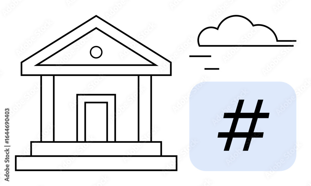 Poster classical government building with columns, floating cloud, and symbolic metadata tag. ideal for tec