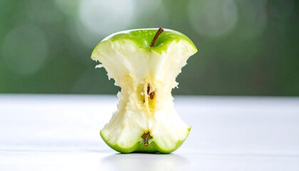 A green apple core, bisected, sits on a white surface against a blurred green background