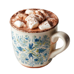 A mug of hot chocolate top with marshmallow and coco powder, Christmas theme mug, isolated [Transparent Background PNG].