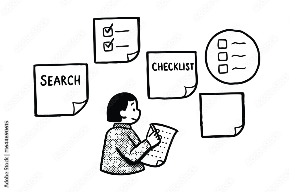 Poster person completing a checklist on a digital interface with planning elements