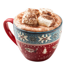 A mug of hot chocolate top with marshmallow and coco powder, Christmas theme mug, isolated [Transparent Background PNG].