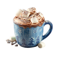 A mug of hot chocolate top with marshmallow and coco powder, Christmas theme mug, isolated [Transparent Background PNG].