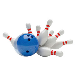 Bowling ball hitting pins in a strike isolated on transparent background