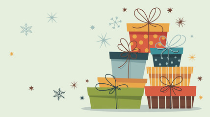 Happy Birthday Greeting with Stacked Gift Boxes and Wintery Star Decorations for Celebrations