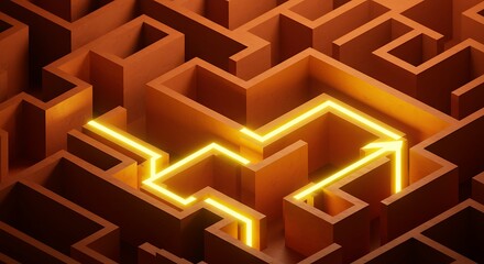 Illuminated yellow path guiding through complex wooden maze towards success and solution