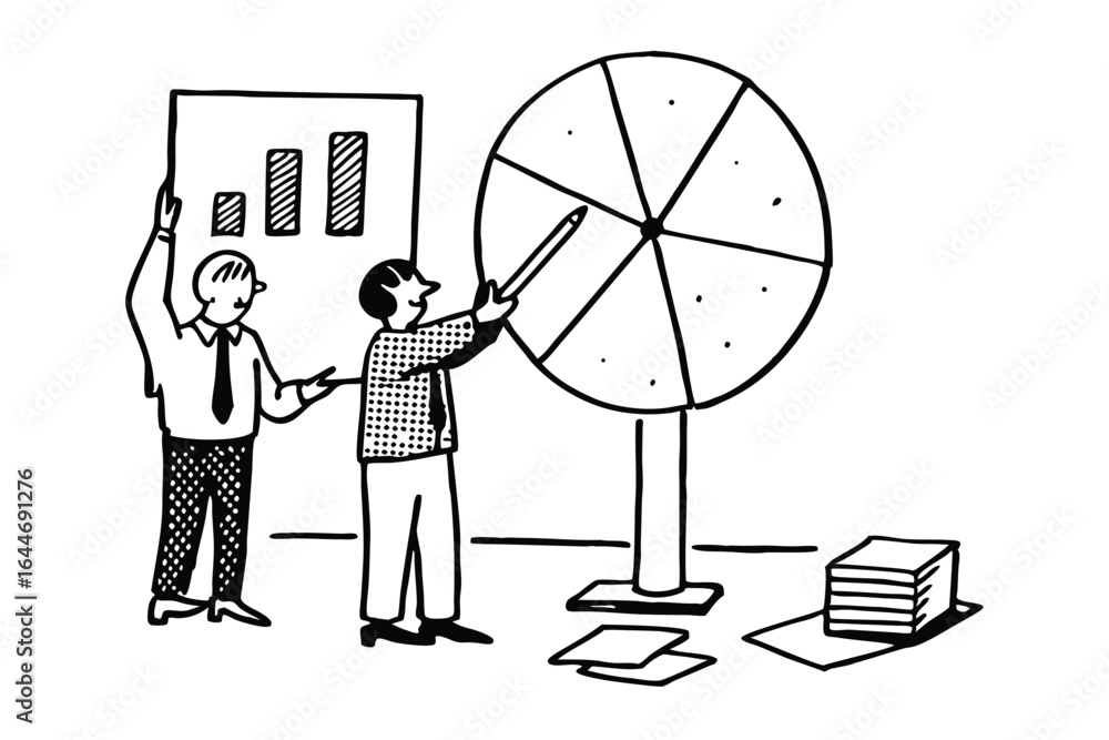 Aufkleber team analyzing data and financial growth with pie chart and bar graphs