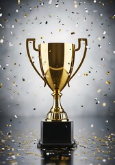 Golden trophy cup with falling confetti celebrating victory and achievement on a reflective surface