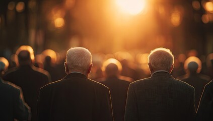 Two elderly men's backs are shown, silhouetted against a large crowd at sunset, bathed in warm golden light