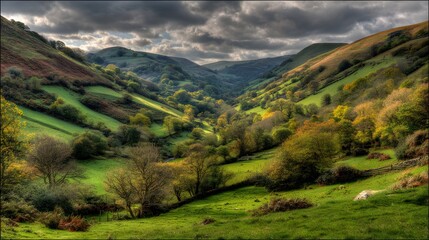 Obraz premium Lush green valley with rolling hills and autumnal foliage.