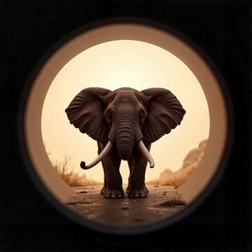 Realistic elephant standing on a path through a circular opening, warm sunset background, wildlife theme
